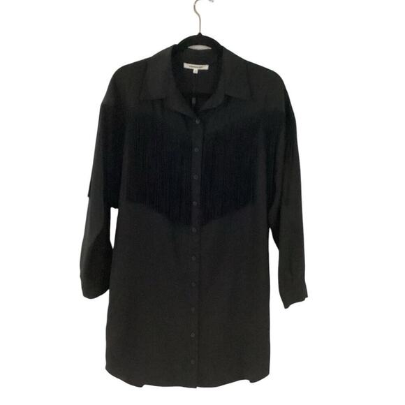 Emerson Fry Fringe Shirtdress In Black Tencel Button Front Pockets Size Small - Picture 4 of 15
